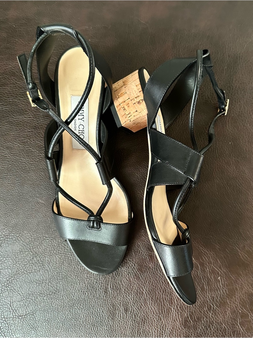 Sz 38⭐️Like New Jimmy Choo Black Leather Criss Cross Low heel Sandals